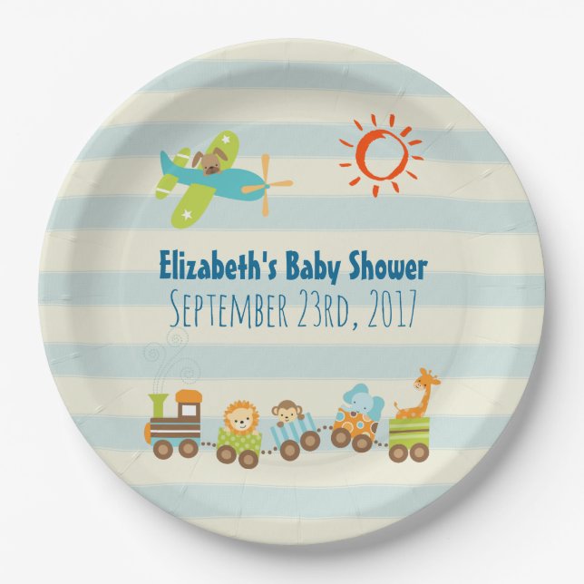 Assiettes En Carton Animal Toy Train et avion Boy Baby shower (Devant)
