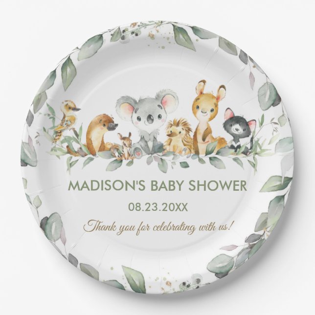 Assiettes En Carton Animaux australiens Végétation Baby shower d'anniv (Devant)