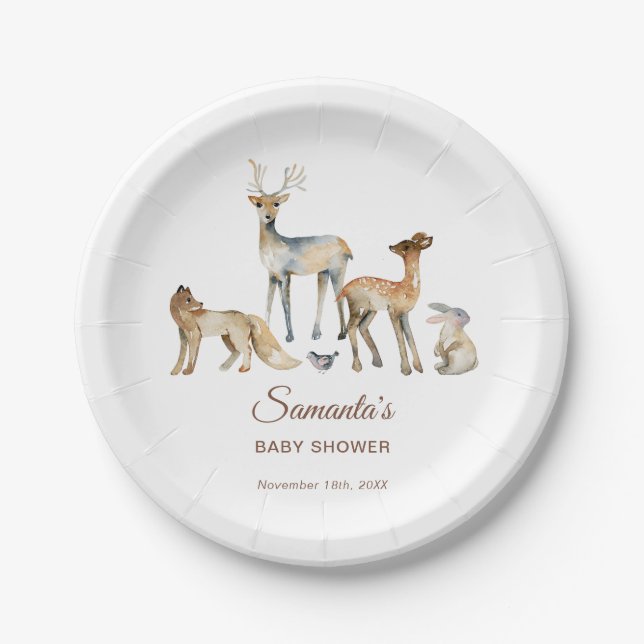 Assiettes En Carton Animaux Baby shower boisé (Devant)