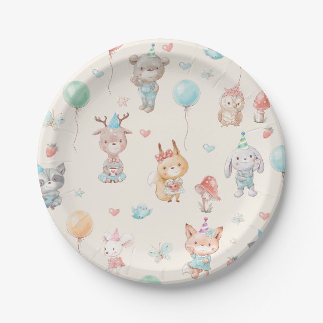Assiettes En Carton Animaux de bois mignons fête d'anniversaire (Devant)