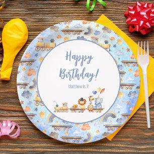 Assiettes En Carton Animaux de fête en train Kid Jungle Joyeux anniver