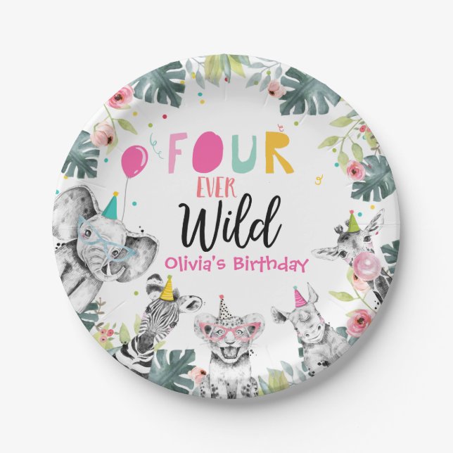 Assiettes En Carton Animaux de fête Safari fille rose quatre sauvages  (Devant)