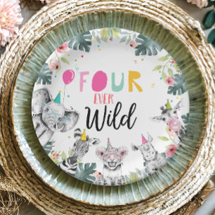 Assiettes En Carton Animaux de fête Safari fille rose quatre sauvages 