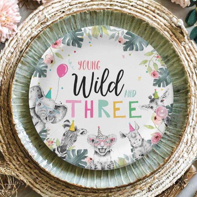 Assiettes En Carton Animaux de fête Safari fille rose troisième annive (Créateur téléchargé)