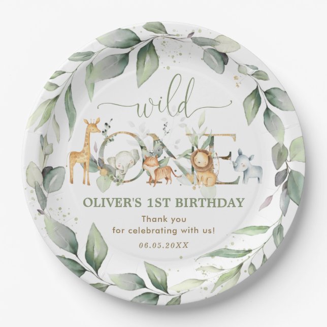 Assiettes En Carton Animaux de la jungle chic 1er anniversaire Wild On (Devant)