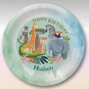 Assiettes En Carton Animaux de safari jungle anniversaire aquarelle