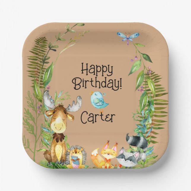 Assiettes En Carton Animaux des bois Bébé Anniversaire (Recto)