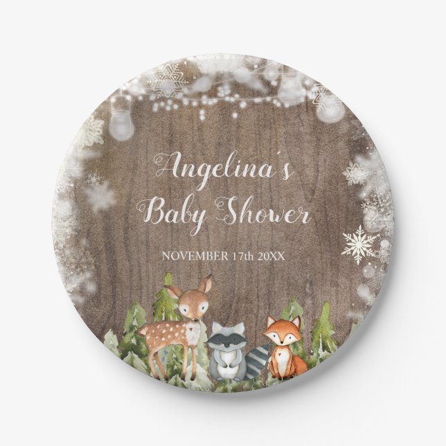 Assiettes En Carton Animaux d'hiver rustiques Bois Anniversaire (Devant)