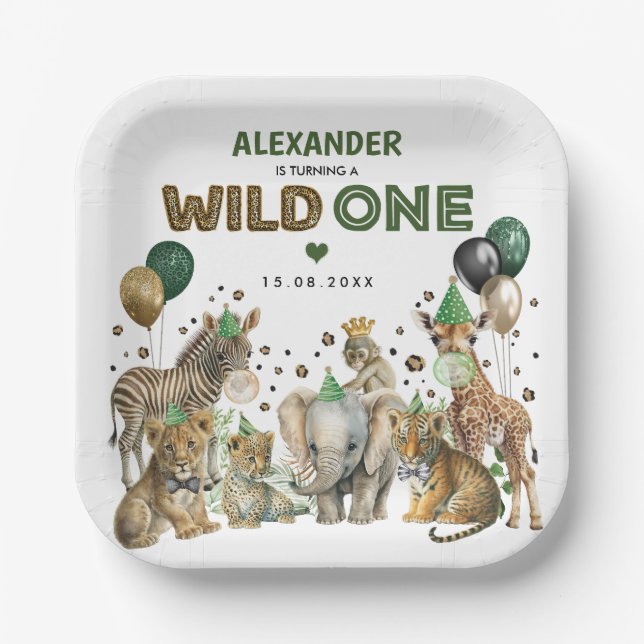 Assiettes En Carton Animaux d'une fête sauvage Jungle 1er anniversaire (Recto)