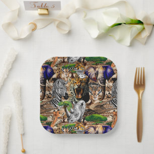 Assiettes En Carton Animaux sauvages de la Savane africaine