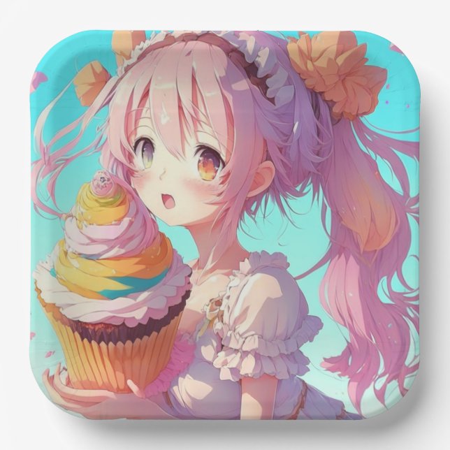Assiettes En Carton Anime Girl with Whimsical Cupcake Anniversaire (Recto)
