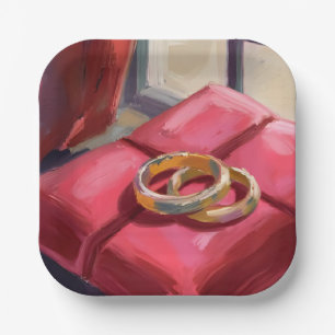 Assiettes En Carton Anneaux de mariage en or Peinture aquarelle Rouge