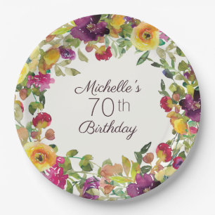Assiettes En Carton Anniversaire 70 ans Fleurs Aquarelle Jaune Violet