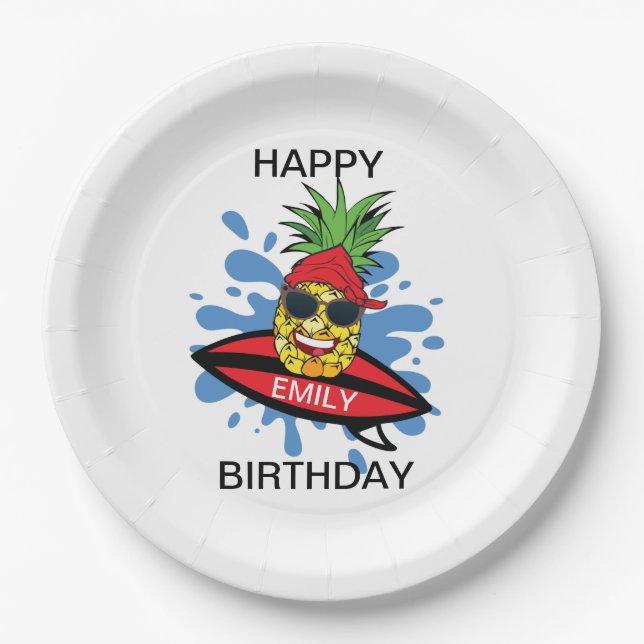 Assiettes En Carton Anniversaire amusant de surf ananas (Devant)