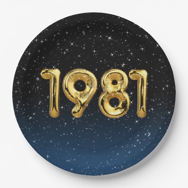 Assiettes En Carton Anniversaire Ballons Année 1981 En Étoiles (Devant)