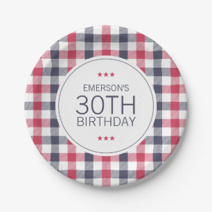 Assiettes En Carton Anniversaire blanc, rouge et bleu préppy