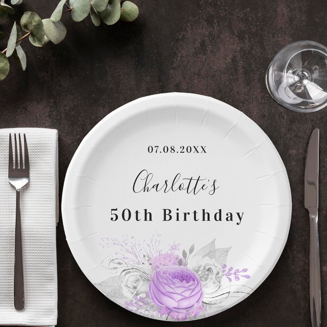 Assiettes En Carton Anniversaire blanc violet fleurs argent (Créateur téléchargé)
