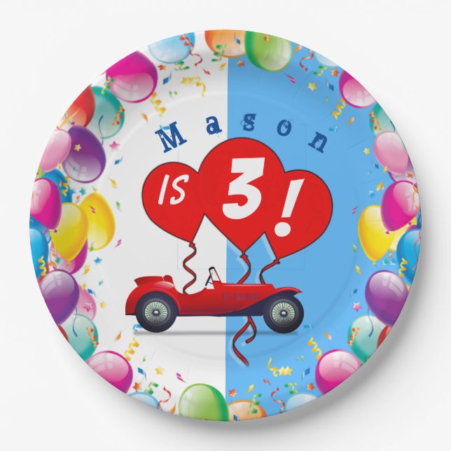 Assiettes En Carton Anniversaire Boy Racecar et ballons Plaque en papi (Devant)
