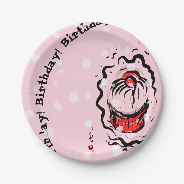Assiettes En Carton Anniversaire Cerry Cupcake Doodé sur rose (Devant)