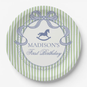 Assiettes En Carton Anniversaire Cheval à Bascule Ruban Vert Coquette