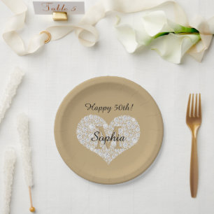 Assiettes En Carton Anniversaire, Coeur Diamant, Monogramme Or, Nom