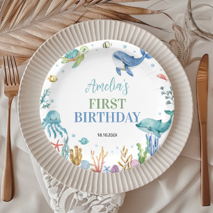 Assiettes En Carton Anniversaire d'animaux de l'océan sous la mer