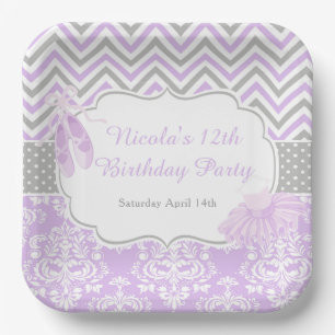Assiettes En Carton Anniversaire de Ballerine Chevron Gris et Violet
