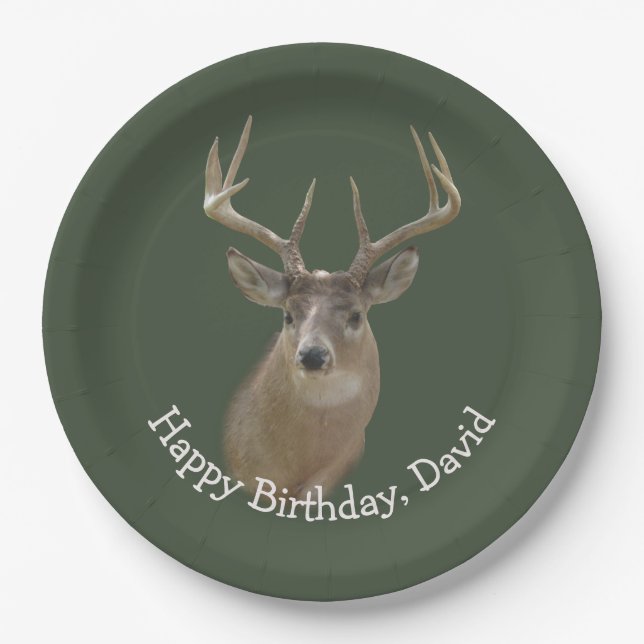 Assiettes En Carton Anniversaire De Big Buck Deer Sur Green (Devant)
