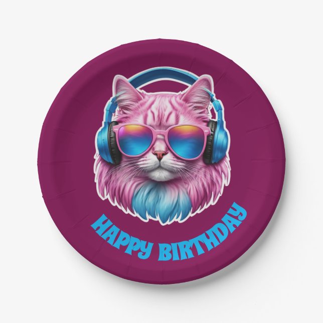 Assiettes En Carton Anniversaire de Chat Rose (Devant)