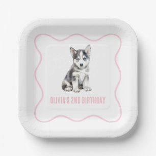 Assiettes En Carton Anniversaire de chiot husky preppy carreaux rose