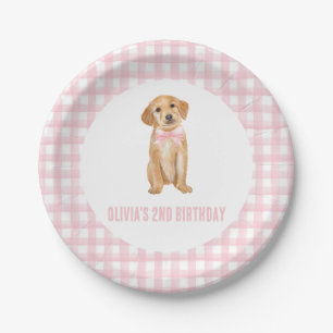 Assiettes En Carton Anniversaire de chiot préparé en carreaux roses