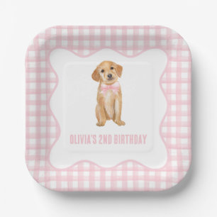 Assiettes En Carton Anniversaire de chiot préparé en carreaux roses