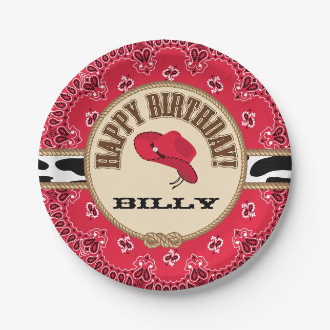 Assiettes En Carton Anniversaire de cowboy, plats personnalisables (Devant)