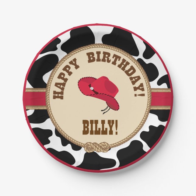 Assiettes En Carton Anniversaire de cowboy, plats personnalisables (Devant)