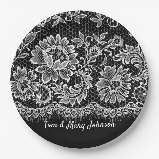 Assiettes En Carton Anniversaire De Dentelle Blanche Sur Noir (Devant)