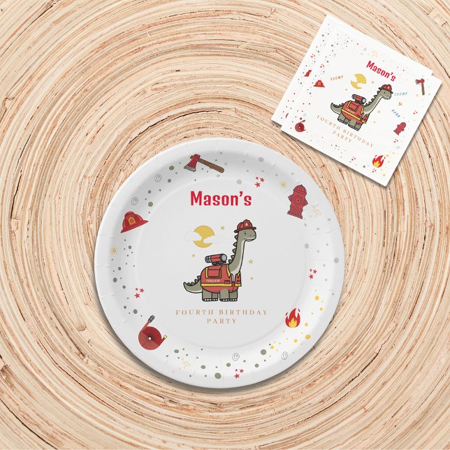 Assiettes En Carton Anniversaire de Dino Pompiers Adorables  (Créateur téléchargé)