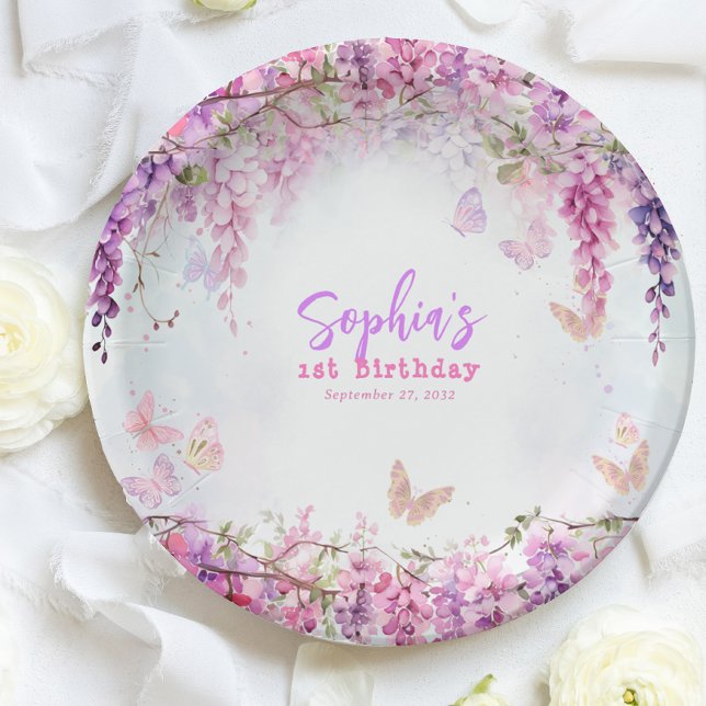 Assiettes En Carton Anniversaire de enfant à papillon de la glycine fl (Créateur téléchargé)