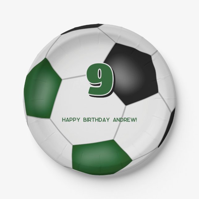 Assiettes En Carton anniversaire de enfant de football noir vert (Devant)