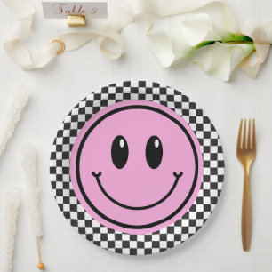 Assiettes En Carton Anniversaire de enfant Pink Happy Face Checker