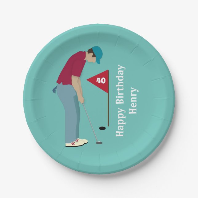 Assiettes En Carton Anniversaire de Golfer Putting (Devant)
