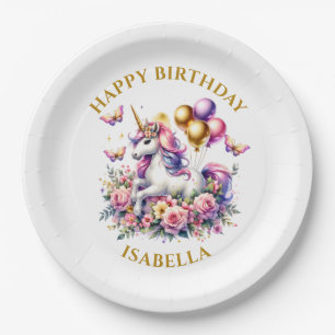 Assiettes En Carton Anniversaire de la licorne rose, pourpre et or