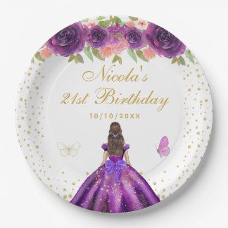 Assiettes En Carton Anniversaire de la Princesse aux Cheveux Bruns Fle