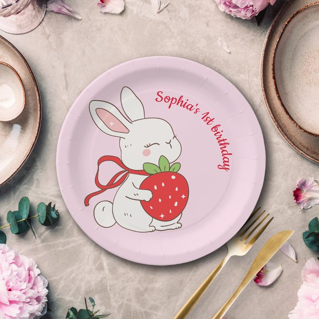 Assiettes En Carton Anniversaire de Lapin Rose Fraise (Créateur téléchargé)