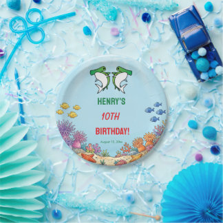 Assiettes En Carton Anniversaire de l'enfant avec requin-marteau vert