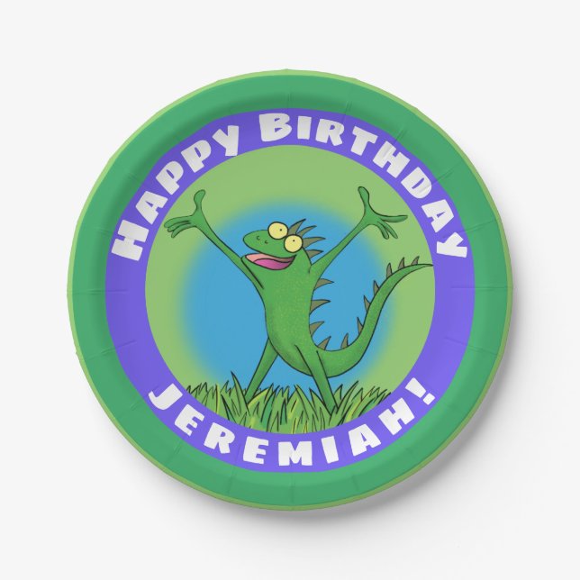 Assiettes En Carton Anniversaire de lézard d'iguane animé vert amusant (Devant)