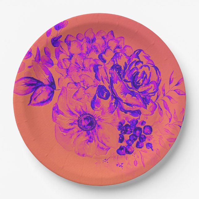Assiettes En Carton Anniversaire de Magenta Floral Retro (Devant)