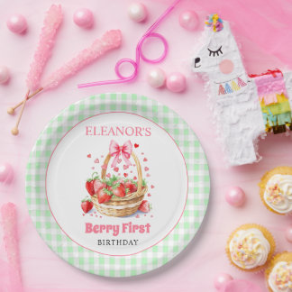 Assiettes En Carton Anniversaire de premier Strawberry mint vert