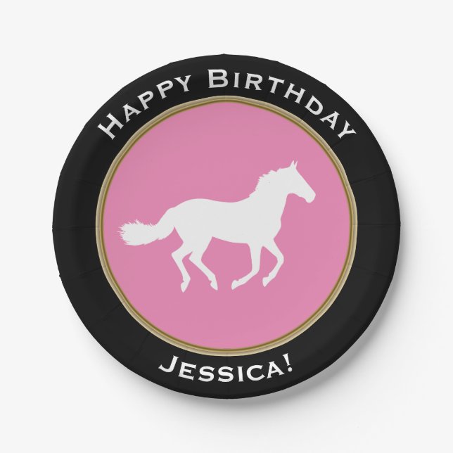 Assiettes En Carton Anniversaire de silhouette de cheval blanc joyeux (Devant)