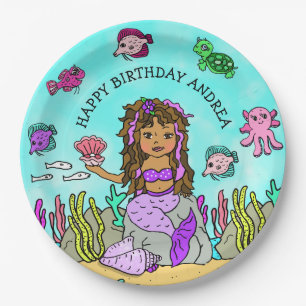 Assiettes En Carton Anniversaire de sirène dessiné à la main de manièr