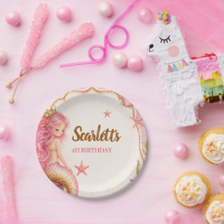 Assiettes En Carton Anniversaire de Sirène Rose & Or